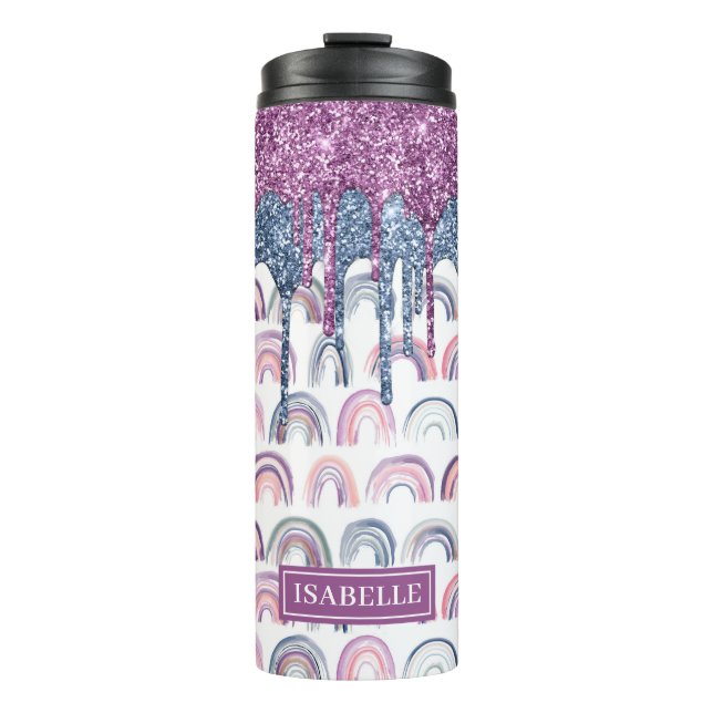 Boho Rainbow Blue Pink Glitzer Tropfen Thermosbecher (Vorderseite)