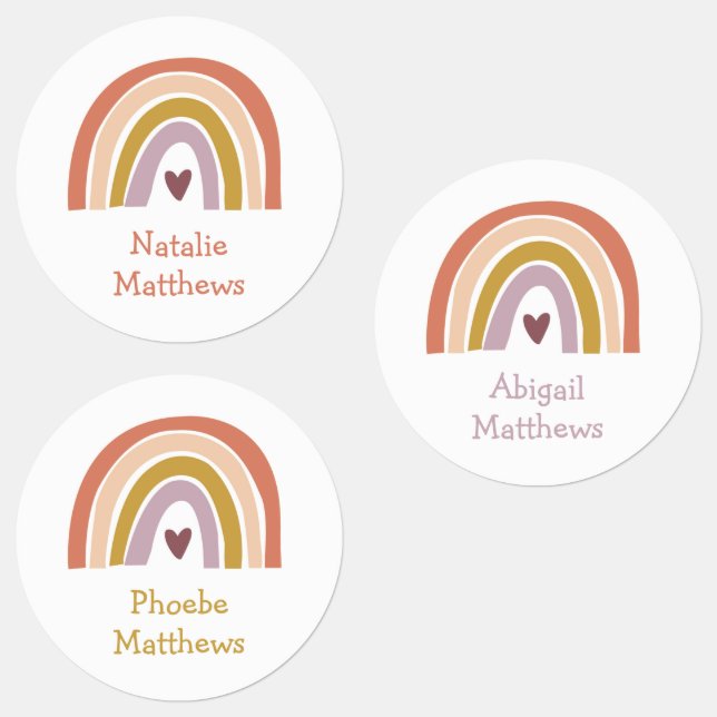 Boho Rainbow Blush Peach Mustard Name Waterproof Etiketten (Gruppe)