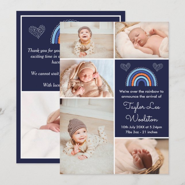 Boho Rainbow Boy Faire-part de naissance bleu mari (Devant / Derrière)
