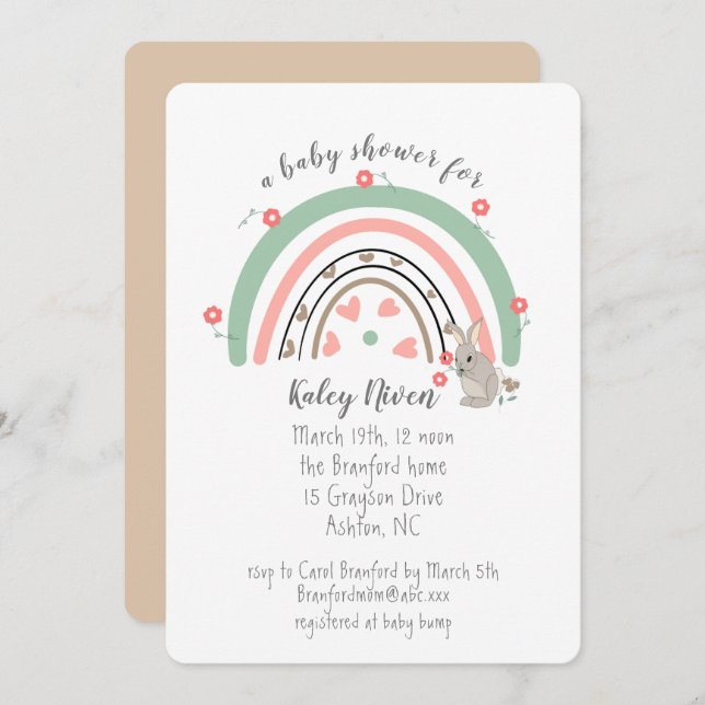 Boho Rainbow Bunny Baby shower Invitation (Devant / Derrière)