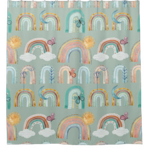 Boho Rainbow Butterfly Floral Minze Sage Terracott Duschvorhang