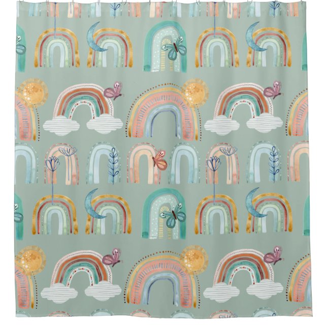 Boho Rainbow Butterfly Floral Minze Sage Terracott Duschvorhang (Vorderseite)