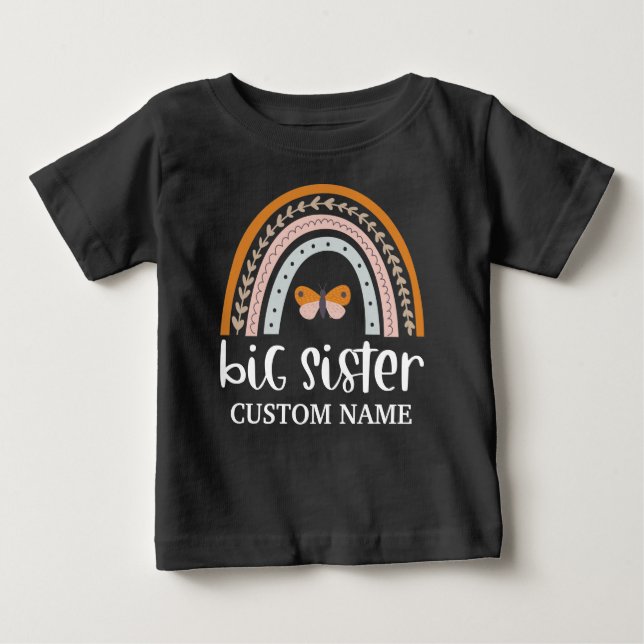 Boho Rainbow & Butterfly Personalisiert Big Sister Baby T-shirt (Vorderseite)