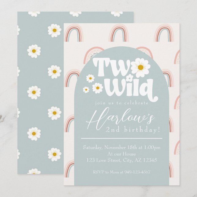 Boho Rainbow Daisy Two Wild 2nd Girl's Birthday Einladung (Vorne/Hinten)
