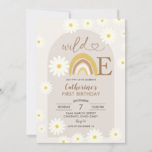 Boho Rainbow Daisy Wild One Birthday Invitation