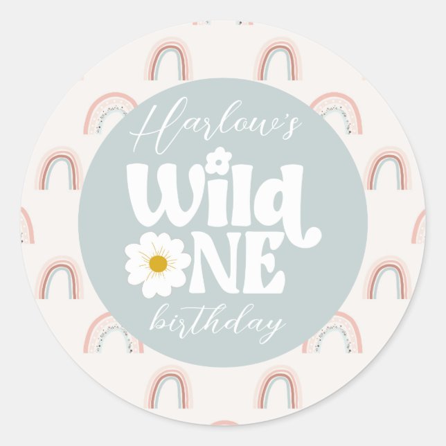 Boho Rainbow Daisy Wild One Girl's first Birthday Runder Aufkleber (Vorderseite)
