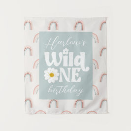 Boho Rainbow Daisy Wild One Girl's first Birthday Wandteppich