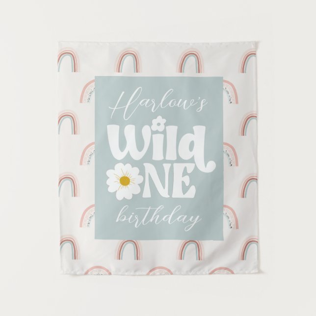 Boho Rainbow Daisy Wild One Girl's first Birthday Wandteppich (Vorderseite)