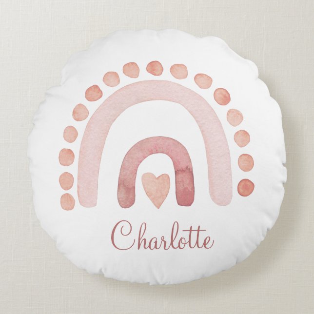 Boho Rainbow Dusty Pink Kinderzimmer Rundes Kissen (Vorderseite)
