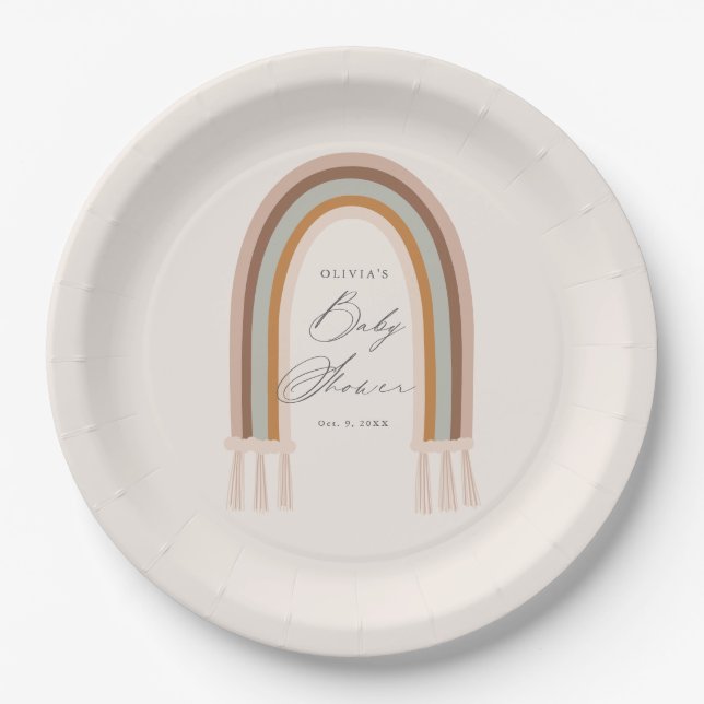 Boho Rainbow Earth Tone Baby Shower Pappteller (Vorderseite)