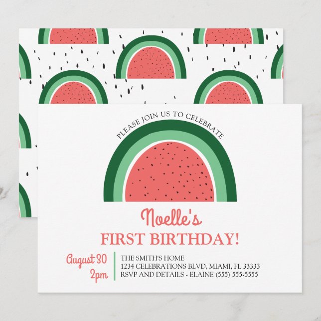 Boho Rainbow Erster Geburtstag, Watermelon Einladung (Vorne/Hinten)