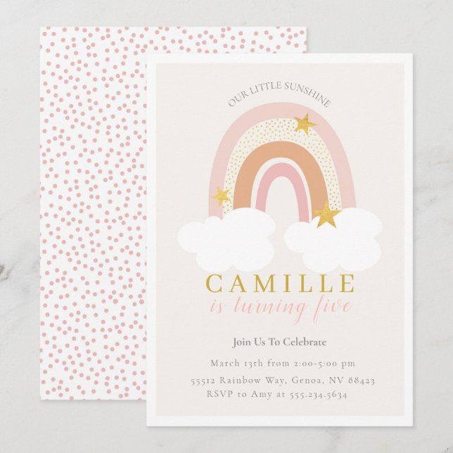 Boho Rainbow First Birthday Invitation Girl, Muted (Devant / Derrière)