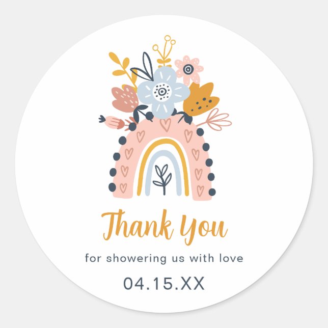 Boho Rainbow Floral Baby Shower Danke Classic Runder Aufkleber (Vorderseite)