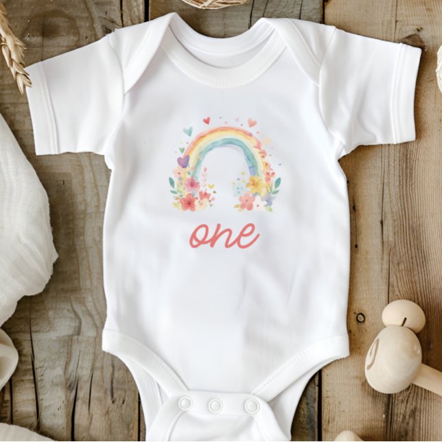 Boho Rainbow Floral Pastel "One" Baby Strampler (boho one shirt, pastel first birthday, floral rainbow outfit, baby girl birthday, cake smash outfit)