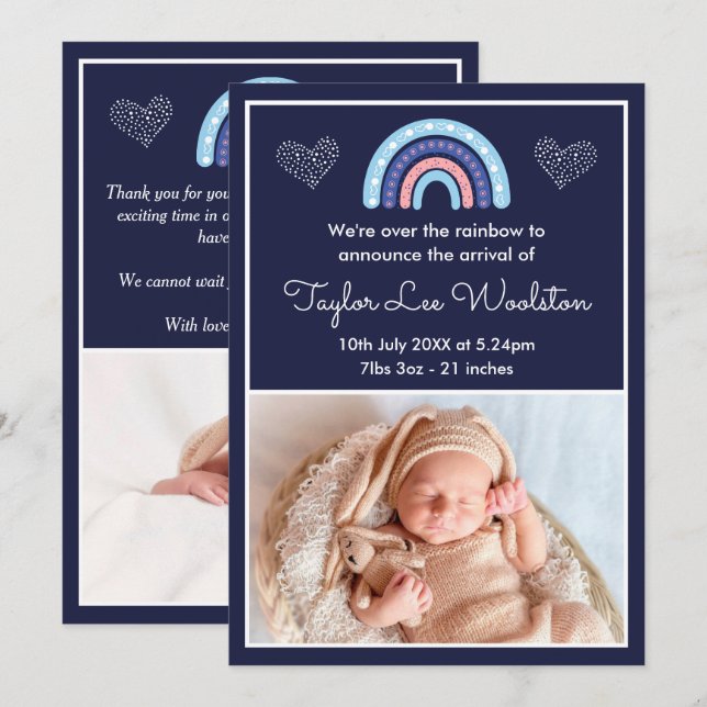 Boho Rainbow Girl Navy Blue Birth Ankündigung (Vorne/Hinten)