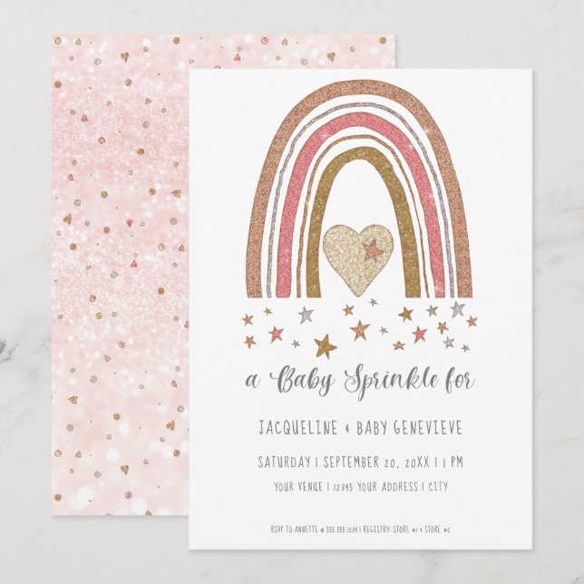 BOHO Rainbow Glitzer Pink Gold Girl Babydusche in Einladung (Vorne/Hinten)