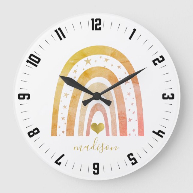 Boho Rainbow Gold Foil Heart Stars Personalized Große Wanduhr (Vorderseite)