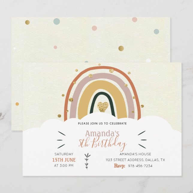 Boho Rainbow Golden Birthday Einladung (Vorne/Hinten)