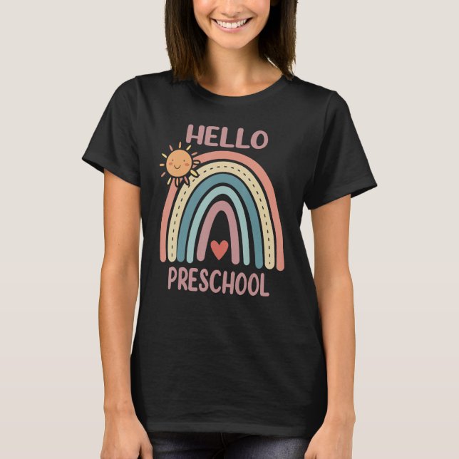 Boho Rainbow Heart For Teachers Women Hello Presch T-Shirt (Vorderseite)