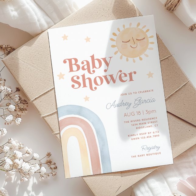 Boho Rainbow & Lächeln Sun Watercolor Babydusche Einladung (Boho Rainbow & Smiling Sun Watercolor Baby Shower Invitation)