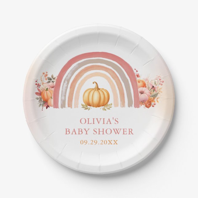 Boho Rainbow Little Pumpkin Fall Baby Shower Pappteller (Vorderseite)