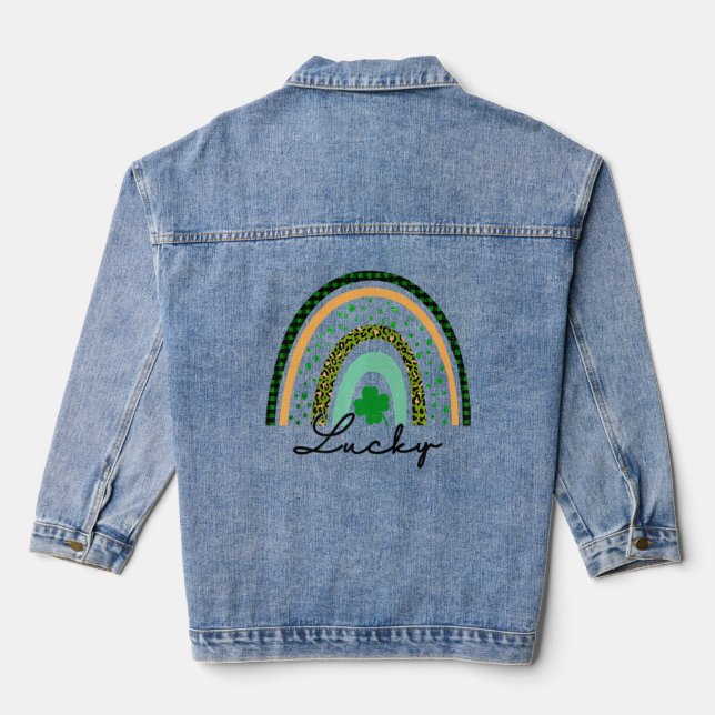 Boho Rainbow Lucky Kleeblatt Green Kariert und Leo Jeansjacke (Rückseite)
