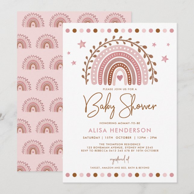 Boho Rainbow | Mute Pink Terracotta Babydusche Einladung (Vorne/Hinten)