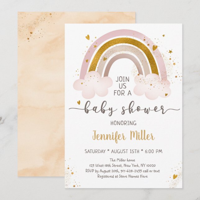 Boho Rainbow Neutral Gold Baby Shower Einladung (Vorne/Hinten)