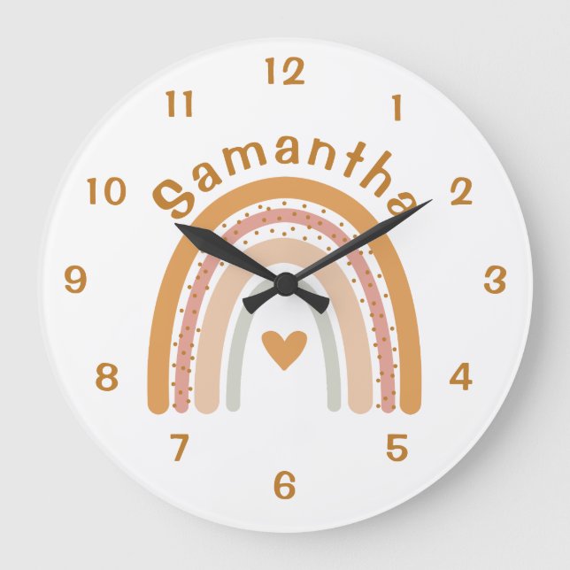 Boho Rainbow Nursery Name Wall Clock Große Wanduhr (Vorderseite)