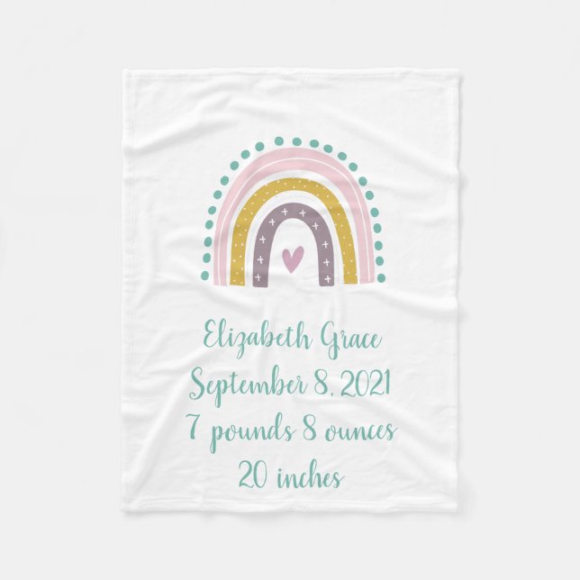 Boho Rainbow Pink Aquamarin Gold Hearts Birth Stat Fleecedecke (Vorderseite)