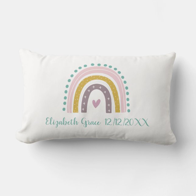 Boho Rainbow Pink Aquamarin Gold Herz Birth Stats Lendenkissen (Vorderseite)
