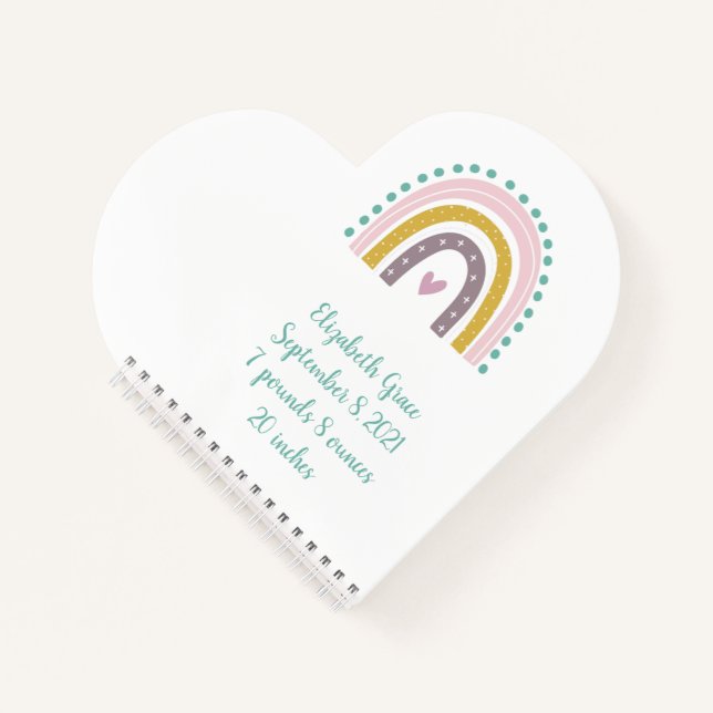 Boho Rainbow Pink Aquamarin Gold Herz Birth Stats Notizbuch (Vorderseite)