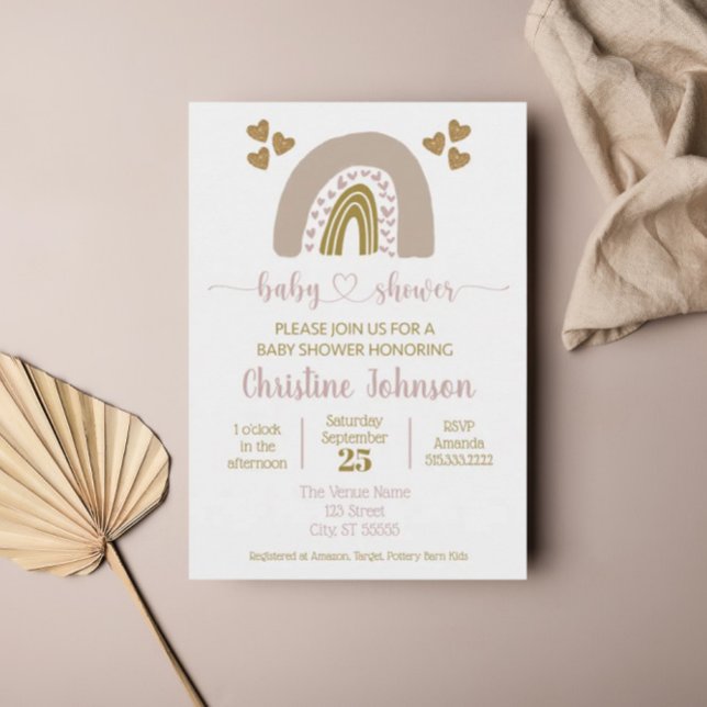 Boho Rainbow Pink Gold Heart Baby Girl Dusche Einladung (Von Creator hochgeladen)