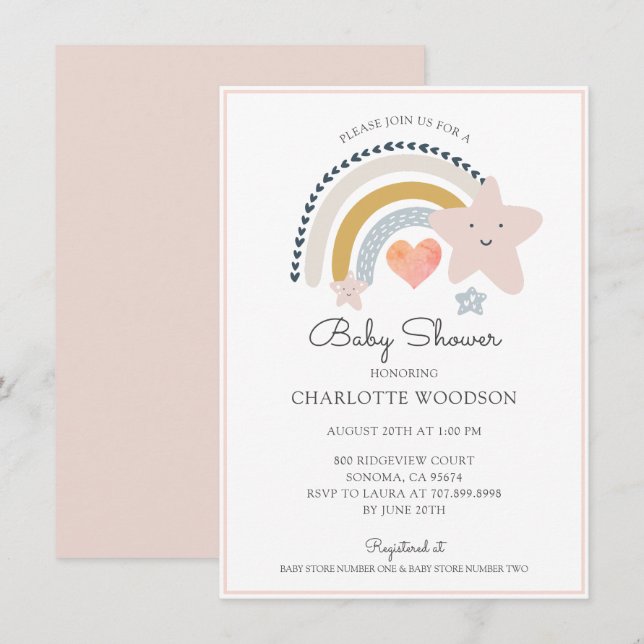 Boho Rainbow Pink Heart Girl Baby Dusche Einladung (Vorne/Hinten)