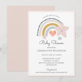 Boho Rainbow Pink Heart Girl Baby Dusche Einladung