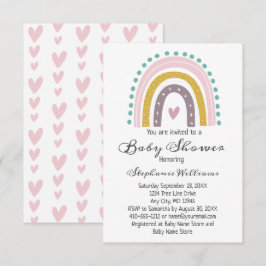 Boho Rainbow Pink Hearts Lila Aquamarines Baby Gir Einladung
