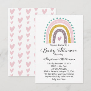 Boho Rainbow Pink Hearts Lila Aquamarines Baby Gir Einladung