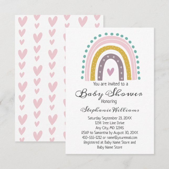 Boho Rainbow Pink Hearts Lila Aquamarines Baby Gir Einladung (Vorne/Hinten)