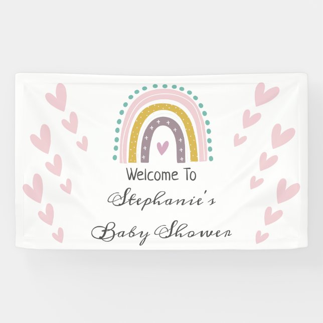 Boho Rainbow Pink Herz Lila Aquamarine Babydusche Banner (Horizontal)