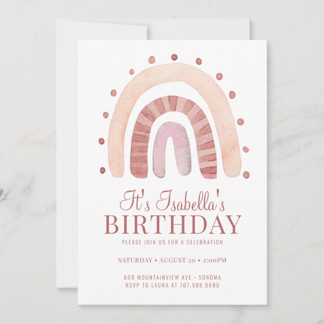 Boho Rainbow Pink Invitation de fête d'anniversair (Devant)