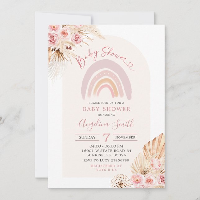 Boho Rainbow Rose Floral Baby shower Invitation (Devant)