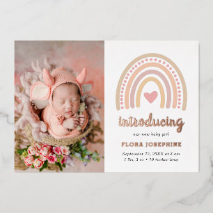 Boho Rainbow Rose Gold Foto Geburtsankündigung Folieneinladung