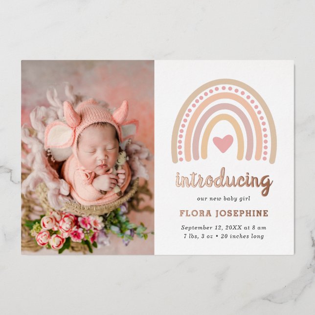 Boho Rainbow Rose Gold Foto Geburtsankündigung Folieneinladung (Vorderseite)