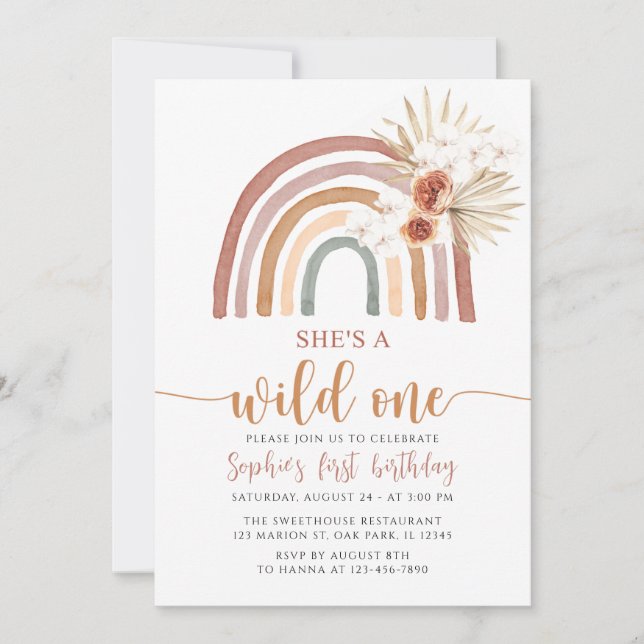 Boho Rainbow She is a Wild One First Birthday Einladung (Vorderseite)