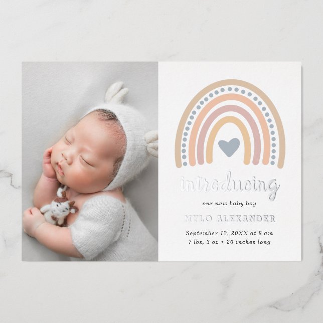 Boho Rainbow Silver Boy Foto Geburtserklärung Folieneinladung (Vorderseite)