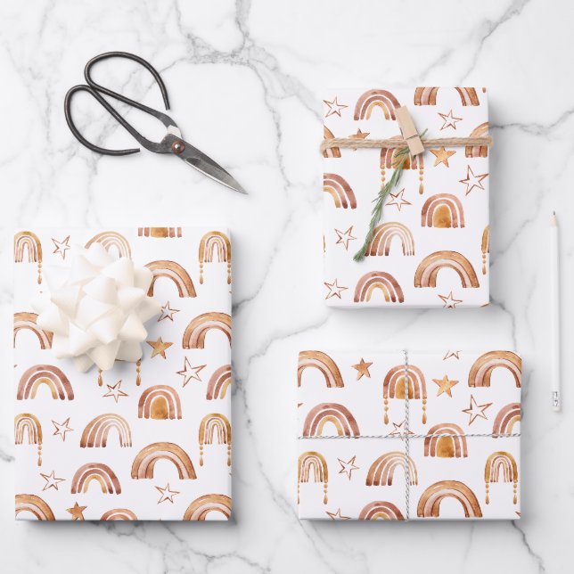 Boho Rainbow Stars Terracotta Brown Babydusche Geschenkpapier Set (Vorderseite)