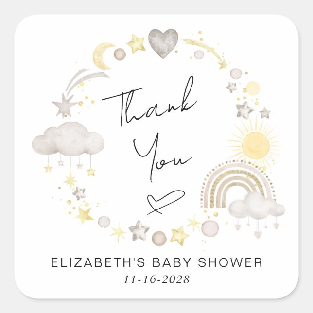 Boho Rainbow Sun Baby Shower Vielen Dank Quadratischer Aufkleber (Vorderseite)