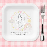 Boho Rainbow Sun Watercolor Baby Girl Dusche Pappteller<br><div class="desc">Niedliche Boho-Baby-Duschpapiere mit fröhlichen gelben und rosa Wasserfarben eines skurrilen Regenbogens,  von Sonne,  Herz,  Sternen,  Monden und Wolken und "Oh Baby!" in einer stilvollen Kalligraphie-Skript. Personalisieren Sie den Namen der Mutter und das Duschdatum in einfacher moderner Typografie.</div>