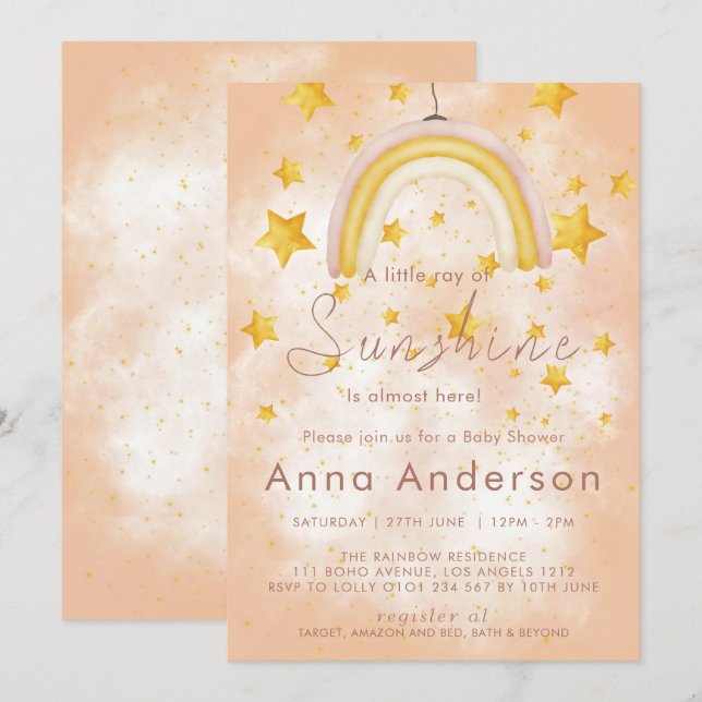 Boho Rainbow Sunshine Gold Stars Dusty Baby Shower Einladung (Vorne/Hinten)
