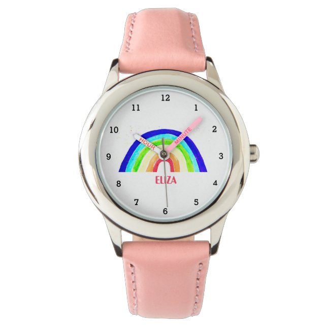 Boho Rainbow Wasserfarbe Niedlich Girls Pink Kinde Armbanduhr (Vorderseite)